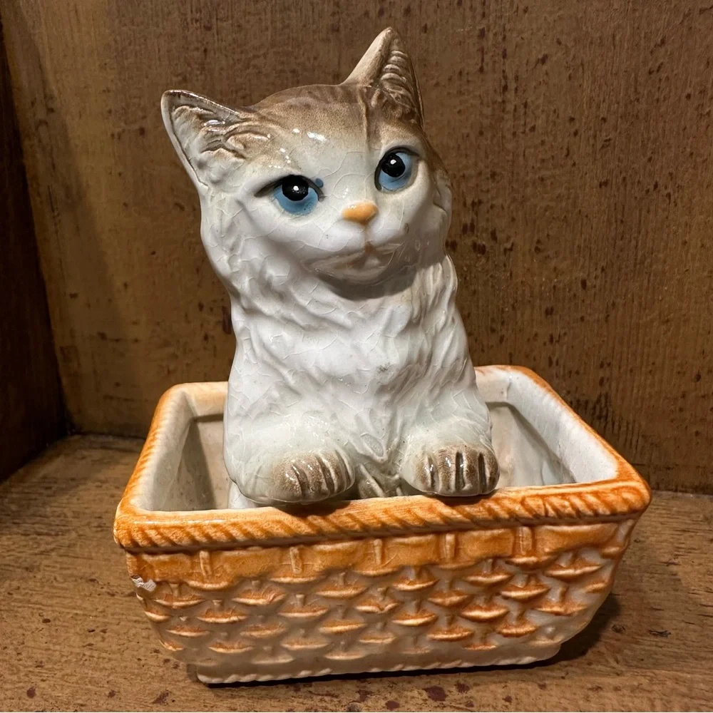 Vintage Ceramic Cat in Basket Figurine